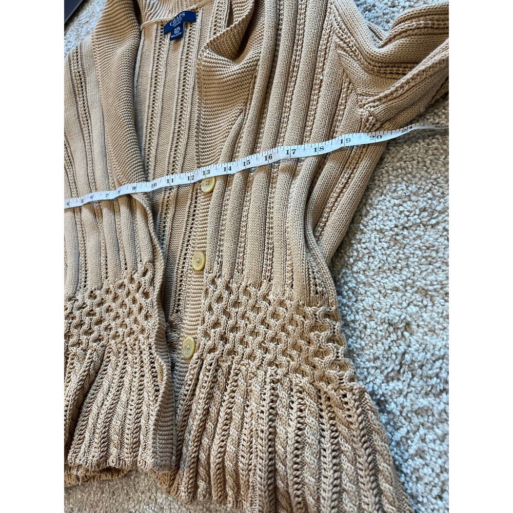 Chaps Cotton Collar Cable Knit Cardigan Petite XL Cottagecore Coastal Tan - Picture 4 of 6